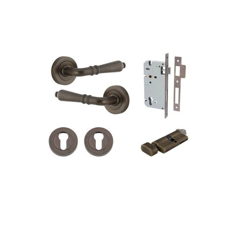 Iver Sarlat Solid Brass Door Lever on Round Rose | Entrance Kit (Key/Thumb) | 10 Finishes - Signature Brass