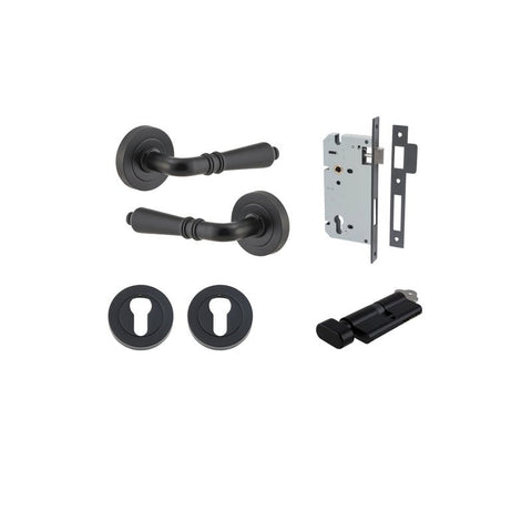 Iver Sarlat Solid Brass Door Lever on Round Rose | Entrance Kit (Key/Thumb) | 10 Finishes - Matt Black