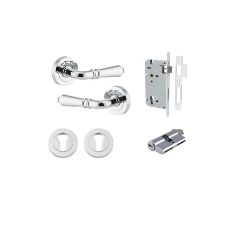 Iver Sarlat Solid Brass Door Lever on Round Rose | Entrance Kit (Key/Key) | 10 Finishes - Polished Chrome
