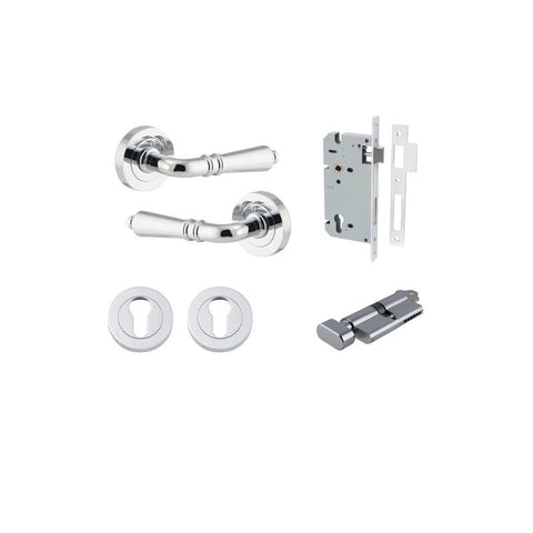 Iver Sarlat Solid Brass Door Lever on Round Rose | Entrance Kit (Key/Thumb) | 10 Finishes - Polished Chrome