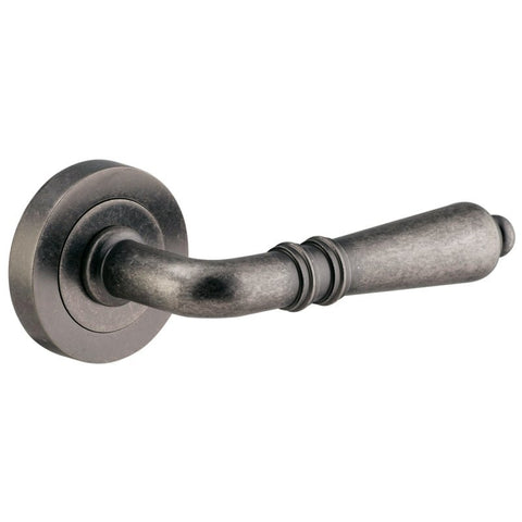 Iver Sarlat Solid Brass Door Lever on Round Rose | Passage Lever Set Only | 10 Finishes - Distressed Nickel