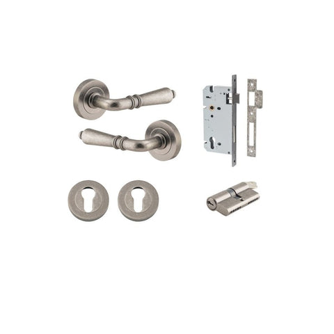 Iver Sarlat Solid Brass Door Lever on Round Rose | Entrance Kit (Key/Key) | 10 Finishes - Distressed Nickel