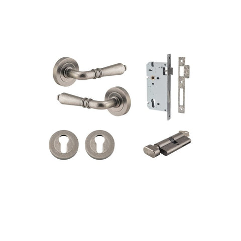 Iver Sarlat Solid Brass Door Lever on Round Rose | Entrance Kit (Key/Thumb) | 10 Finishes - Distressed Nickel