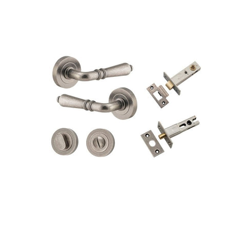 Iver Sarlat Solid Brass Door Lever on Round Rose | Separate Privacy Kit | 10 Finishes - Distressed Nickel