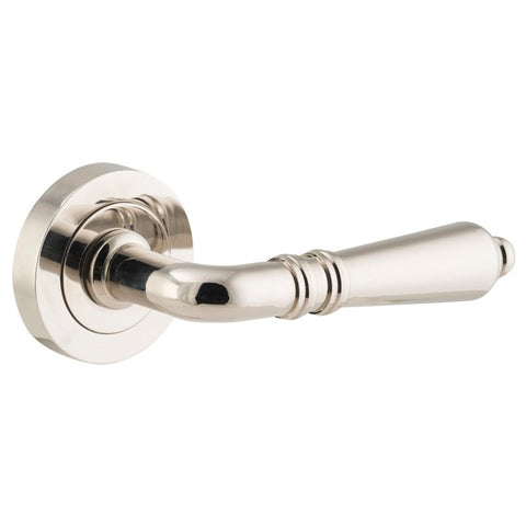 Iver Sarlat Solid Brass Door Lever on Round Rose | Passage Lever Set Only | 10 Finishes - Polished Nickel