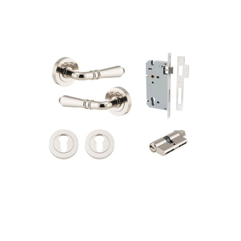 Iver Sarlat Solid Brass Door Lever on Round Rose | Entrance Kit (Key/Key) | 10 Finishes - Polished Nickel