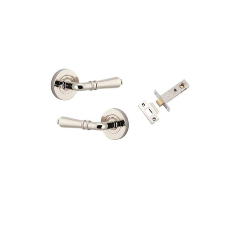 Iver Sarlat Solid Brass Door Lever on Round Rose | Inbuilt Privacy Kit | 10 Finishes - Polished Nickel
