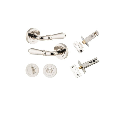 Iver Sarlat Solid Brass Door Lever on Round Rose | Separate Privacy Kit | 10 Finishes - Polished Nickel