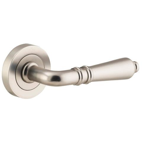 Iver Sarlat Solid Brass Door Lever on Round Rose | Passage Lever Set Only | 10 Finishes - Satin Nickel