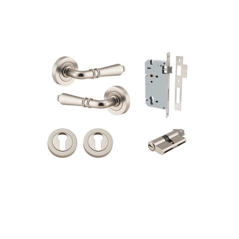 Iver Sarlat Solid Brass Door Lever on Round Rose | Entrance Kit (Key/Key) | 10 Finishes - Satin Nickel