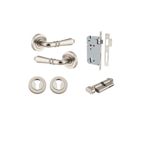 Iver Sarlat Solid Brass Door Lever on Round Rose | Entrance Kit (Key/Thumb) | 10 Finishes - Satin Nickel