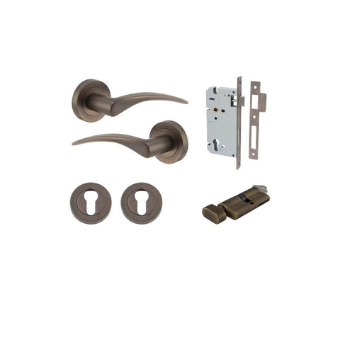 IVER Oxford Door Lever Handle On Round Rose | Entrance Kit (Key/Thumb) | 4 Finishes - Signature Brass