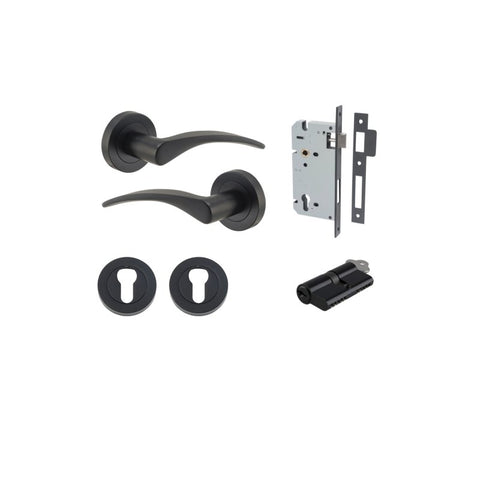IVER Oxford Door Lever Handle On Round Rose | Entrance Kit (Key/Key) | 4 Finishes - Matt Black