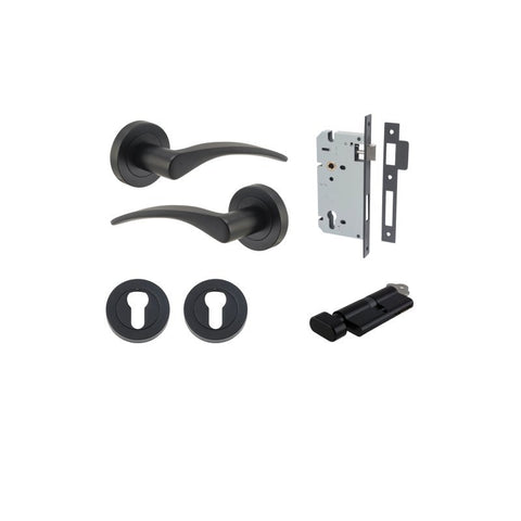 IVER Oxford Door Lever Handle On Round Rose | Entrance Kit (Key/Thumb) | 4 Finishes - Matt Black