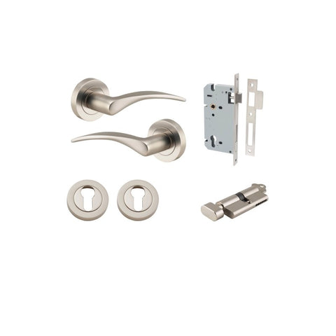 IVER Oxford Door Lever Handle On Round Rose | Entrance Kit (Key/Thumb) | 4 Finishes - Satin Nickel