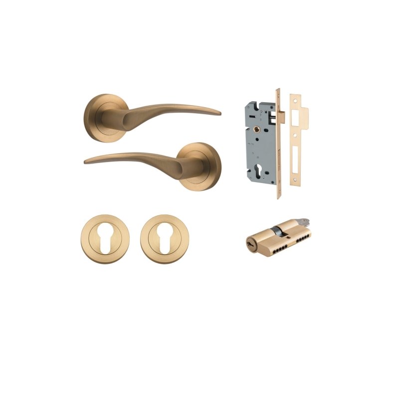 IVER Oxford Door Lever Handle On Round Rose | Entrance Kit (Key/Key) | 4 Finishes - Brushed Brass