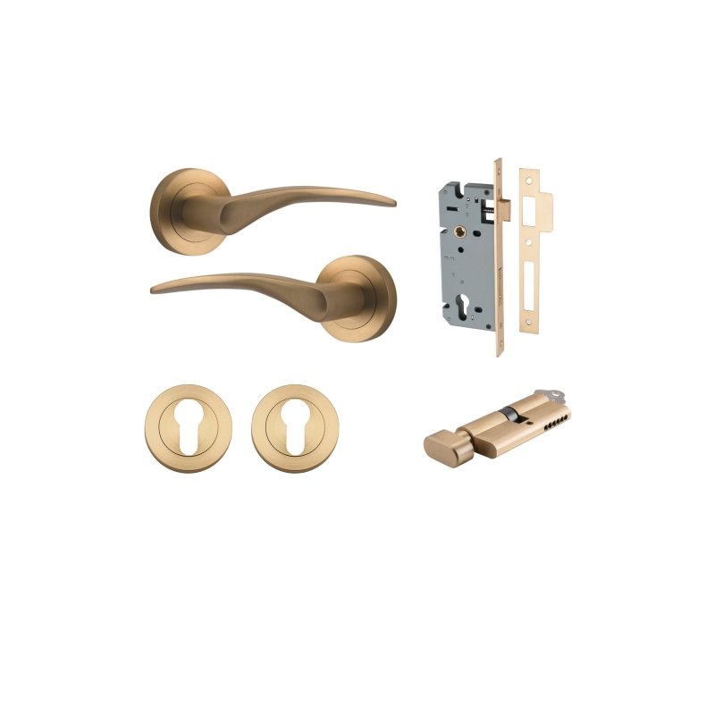 IVER Oxford Door Lever Handle On Round Rose | Entrance Kit (Key/Thumb) | 4 Finishes - Brushed Brass