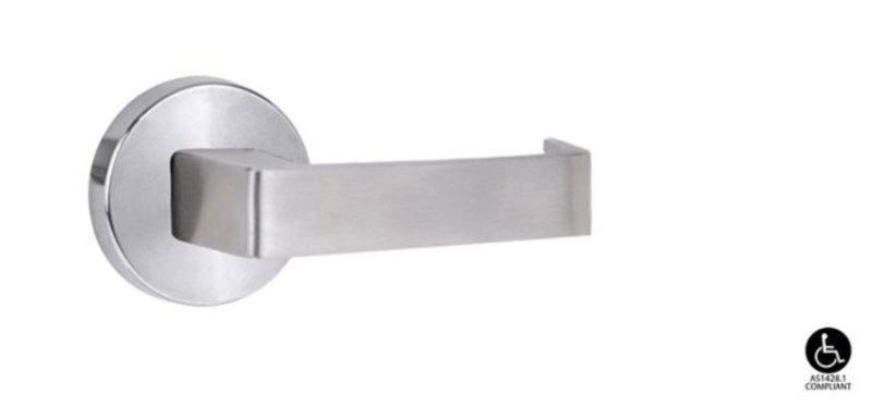 Stainless steel door handle on a white background