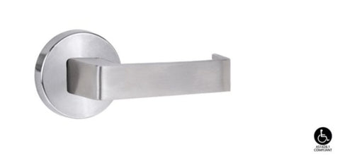 Stainless steel door handle on a white background
