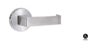 Stainless steel door handle on a white background