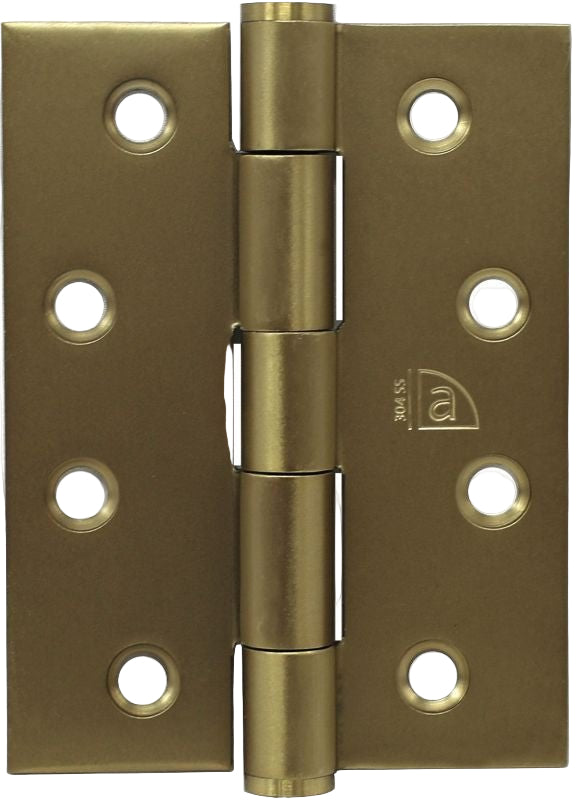 Brass door hinge with visible brand logo on a gold background