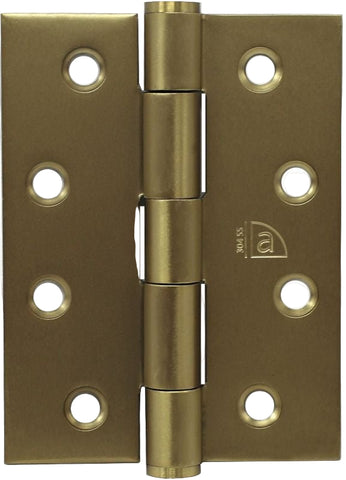 Brass door hinge with visible brand logo on a gold background