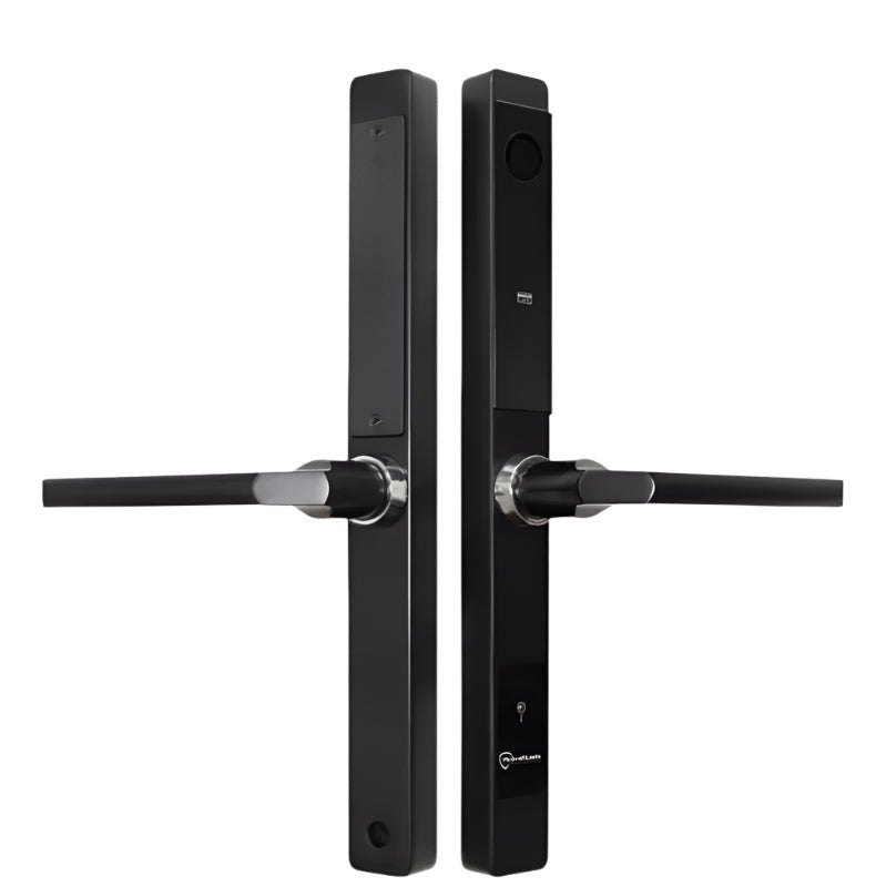 Black electronic door handle on a white background