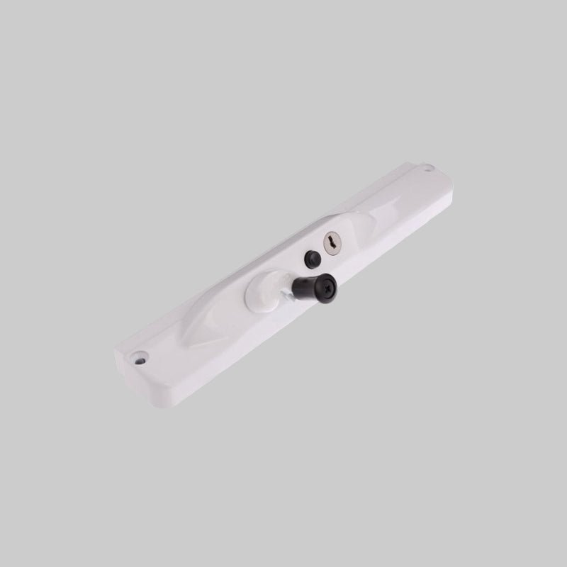 White metal bracket with black screws on a white background