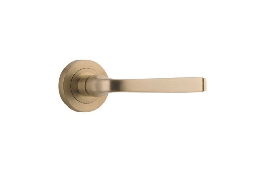 IVER Annecy Door Lever Handle On Round Rose Pair | Lever Set Only | 9 Finishes - Brushed Brass