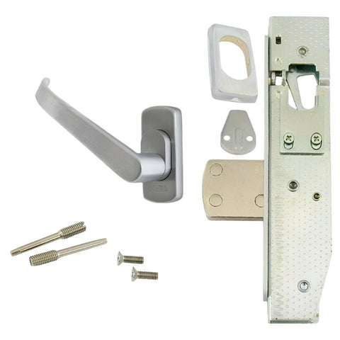 Door handle assembly with screws on a white background