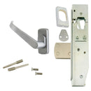 Door handle assembly with screws on a white background