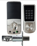 Digital door lock set with keypad and mechanical lever on a white background