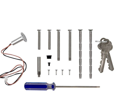 Set of screws, a screwdriver, and keys on a white background