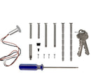 Set of screws, a screwdriver, and keys on a white background