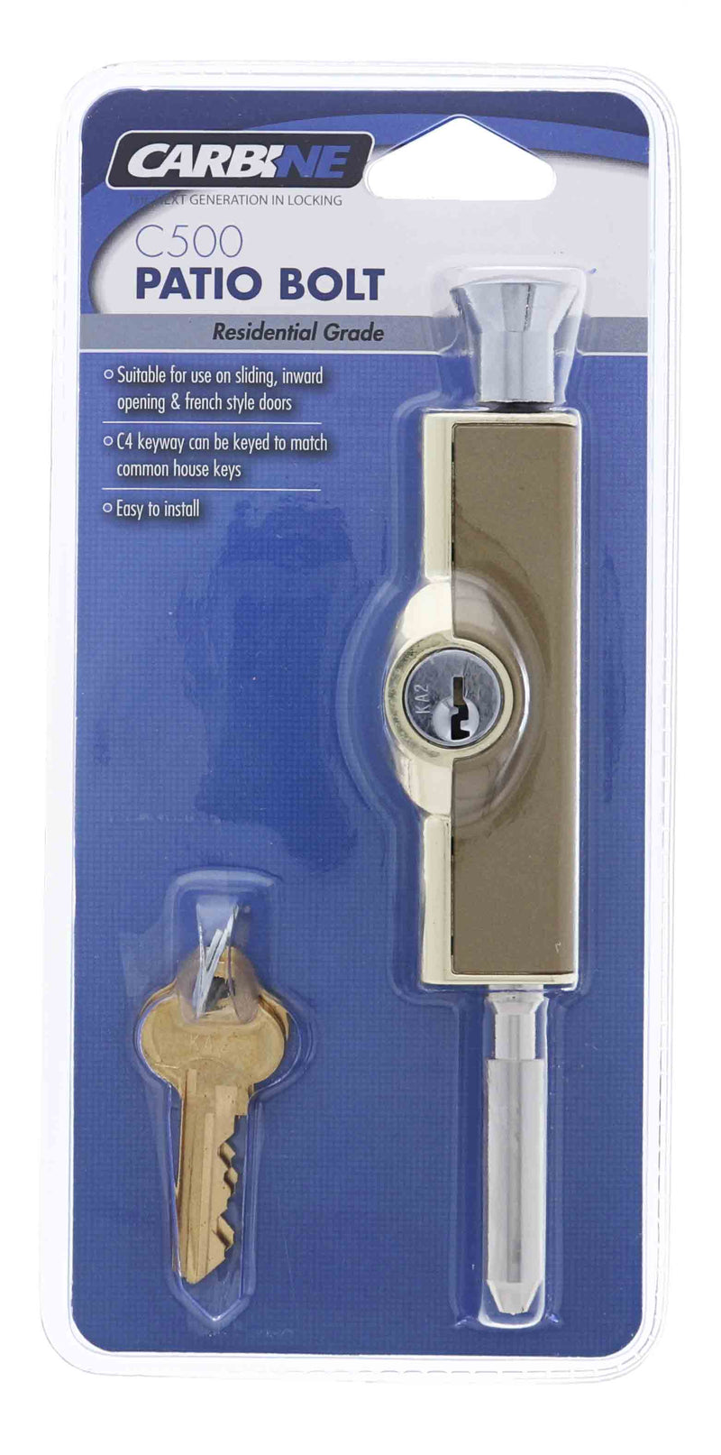 Carbine CBS C500 Wafer Patio Bolt, C4 Wafer Keyed Alike  KA1, Display Pack, Polished Brass