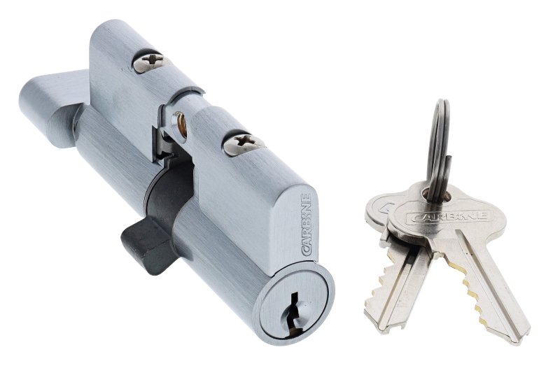 Carbine 70MM Euro Cylinder and turn Fixed Cam, 5 pin, C4 Keyed to Differ, , Boxed, Satin Chrome - primehardware