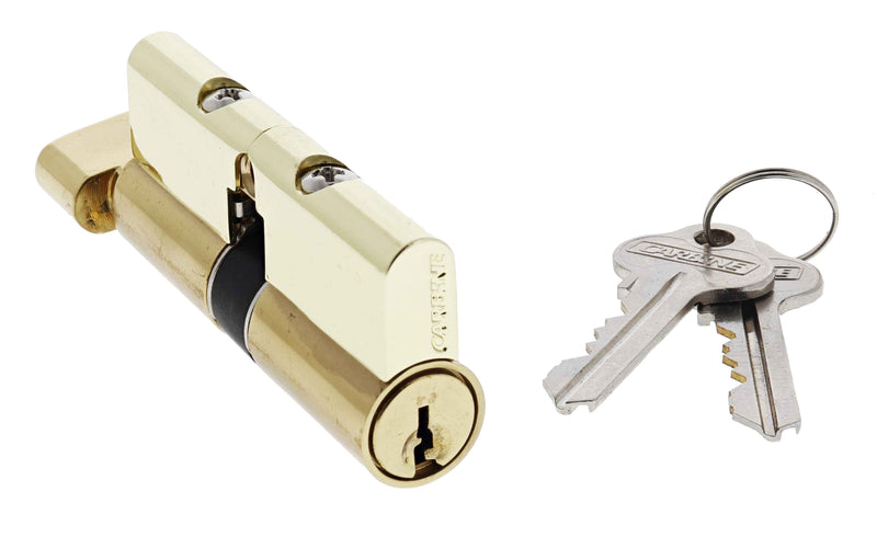Carbine Euro Cylinder and turn Fixed Cam, 6 pin, C4 Keyed Alike, KA3, Boxed, Polished Brass