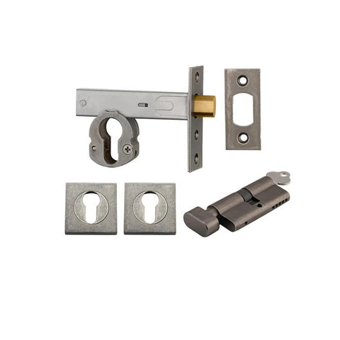 Iver Euro Mortice Deadbolt Kit 70mm Backset with Square Euro Escutcheon Key/Thumb Distressed Nickel