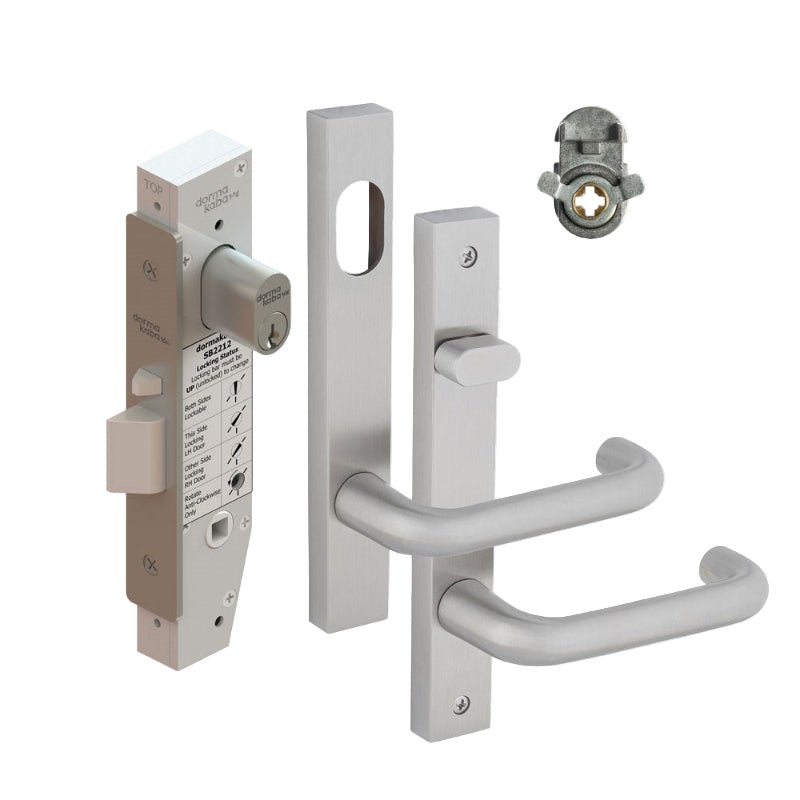 Dormakaba SB2212 Entrance Lock Kit with 6400 Square End Plate Furniture Cylinder and Adaptor SSS - SB2212KIT/ENT/SSS DKSB2212KIT3 - primehardware