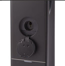 Close-up of a black door handle and lock mechanism on a white background