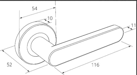 Technical drawing of a door handle with dimensions labeled