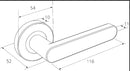 Technical drawing of a door handle with dimensions labeled