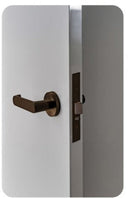 White door with a bronze handle and lock on a white background
