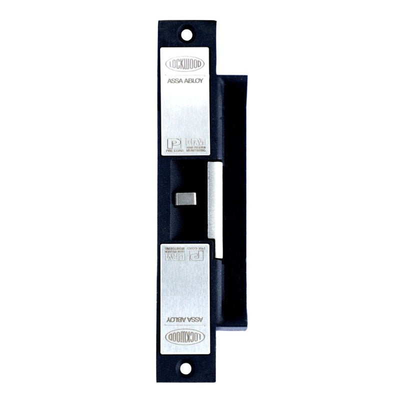 Lock mechanism with black housing and visible branding on a white background