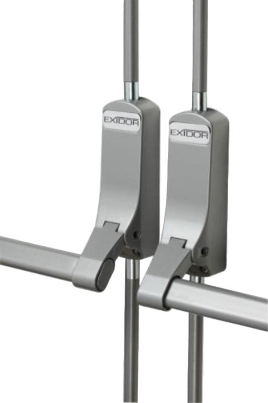 Metallic door lock mechanism with 'Exidor' branding on a white background