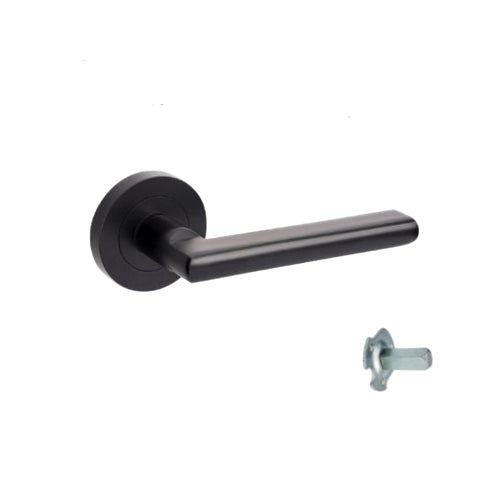 Black door handle with lever and fixing spindle on a white background, labeled 'EPIC DUMMY SET'.