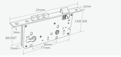 Technical drawing of a Euro mortice lock with dimensions labeled