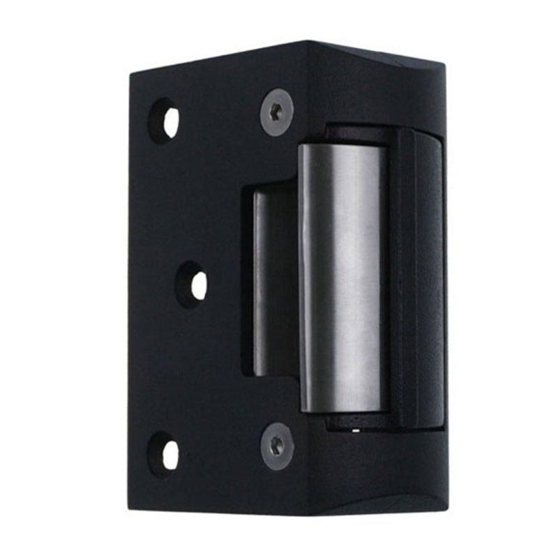 Black metal hinge on a white background