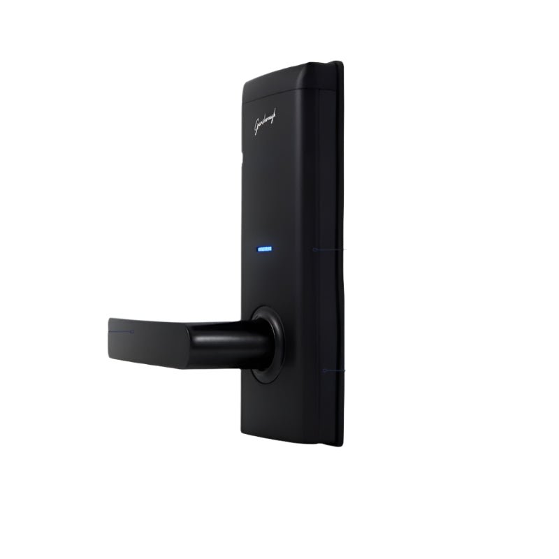 Black electronic door lock with features listed on a white background