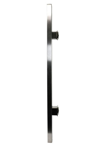 Single stainless steel pull handle on a white background